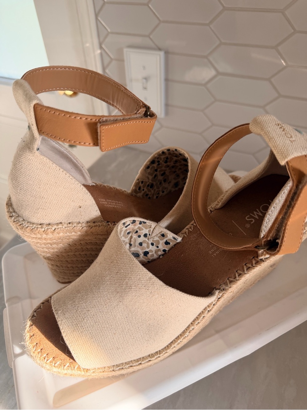 TOMS Natural Canvas Espadrille Wedge Sandal with Tan Straps